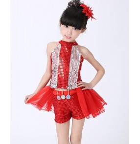 Royal blue silver red striped tuxedo  sequins girls kids children performance jazz dance ds singer dance outfits costumes dance wear